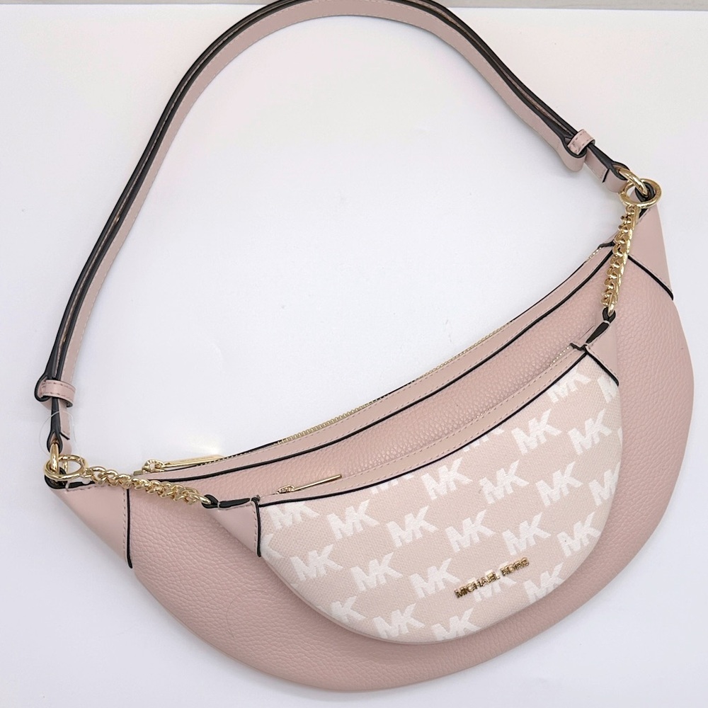 MICHAEL KORS Hollis Medium 2-in-1 Pebbled Leather and Logo Jacquard Shoulder Bag - Picture 14 of 16